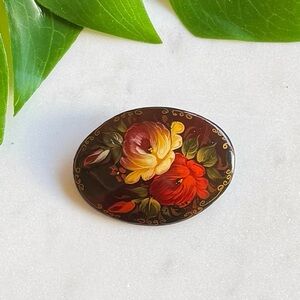 VTG Russian Artist Signed ‘99 Lacquer Hand Painted Floral Oval Wooden Brooch
